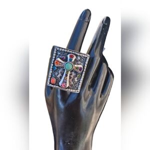 Bohemian Silver Tone Multi-Color Crystal Cross Statement Stretch Ring